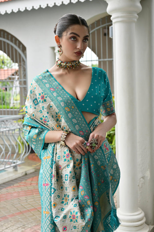 Premium Aadhya Patola Saree - Firozi
