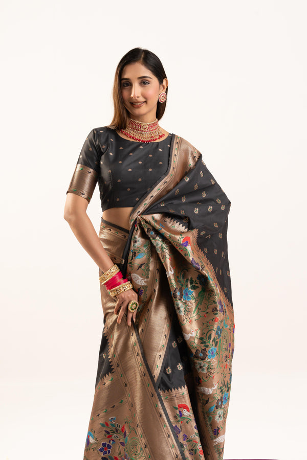 Premium Soft Muga Cotton Paithani Saree 103 - Black