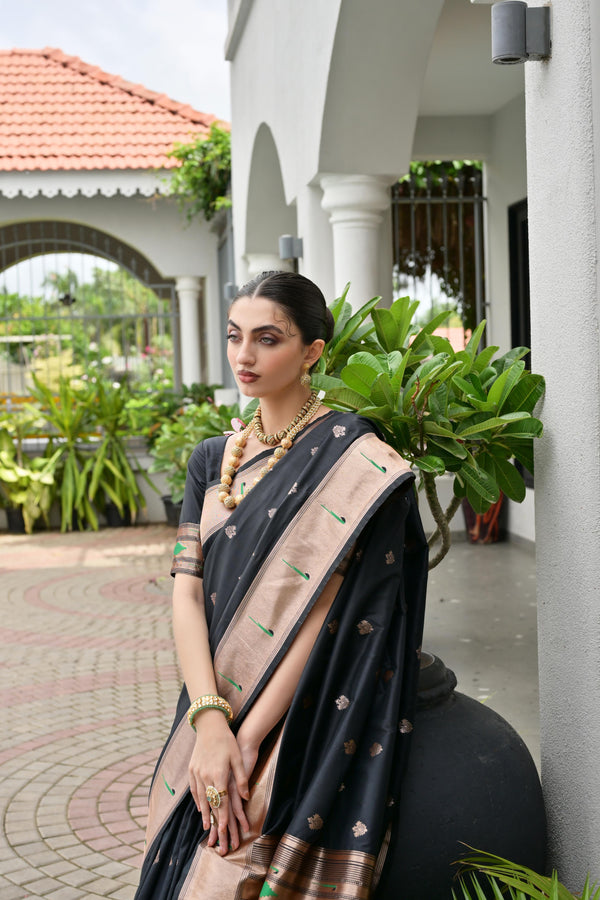 Premium Soft Muga Cotton Paithani Saree 106 - Black