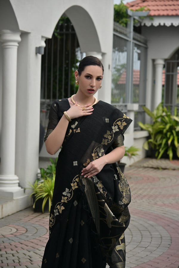 Premium Linen Silk Saree - Black