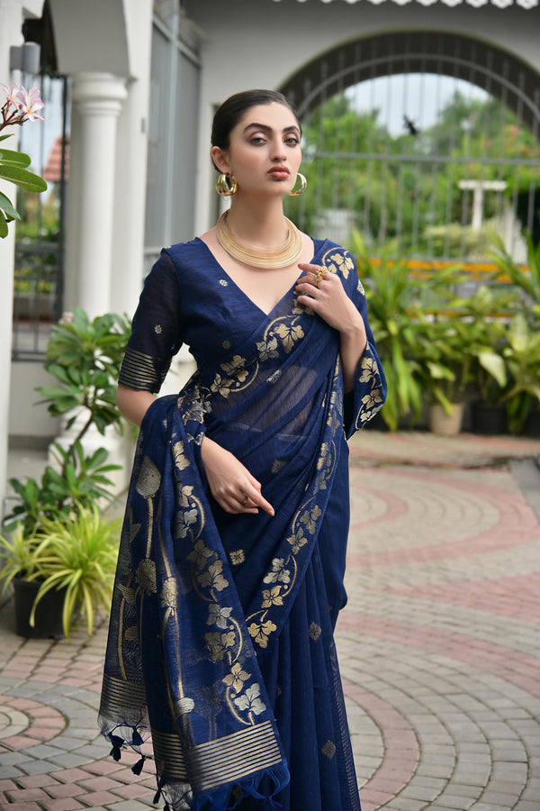 Premium Linen Silk Saree - Blue