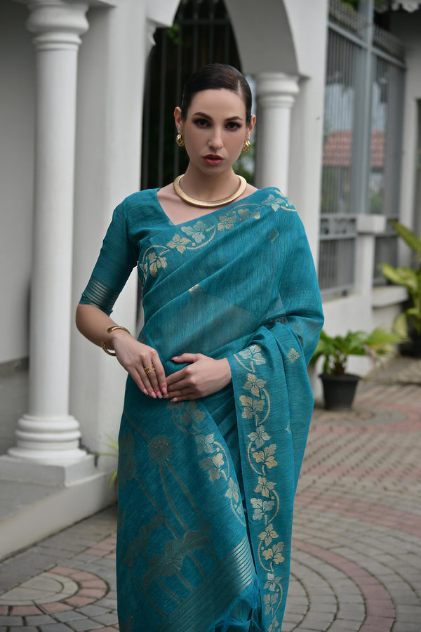 Premium Linen Silk Saree - Firozi