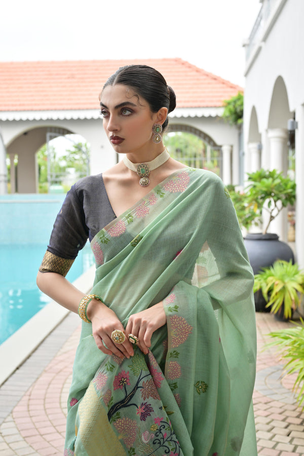 Premium Chanderi Cotton Saree - Firozi