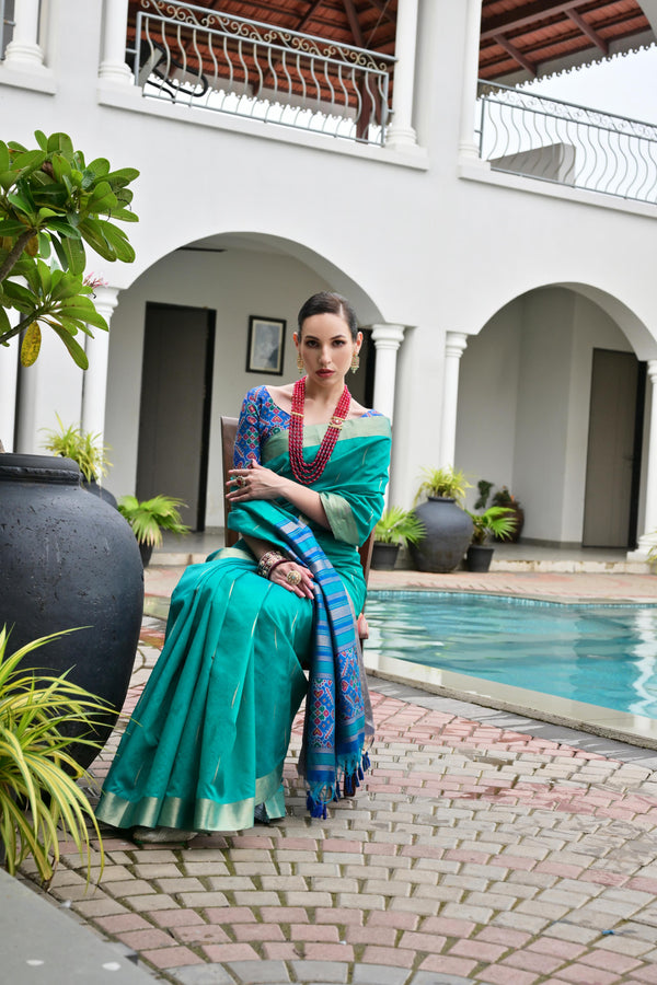 Premium  Sadabhar Patola Saree - Firozi