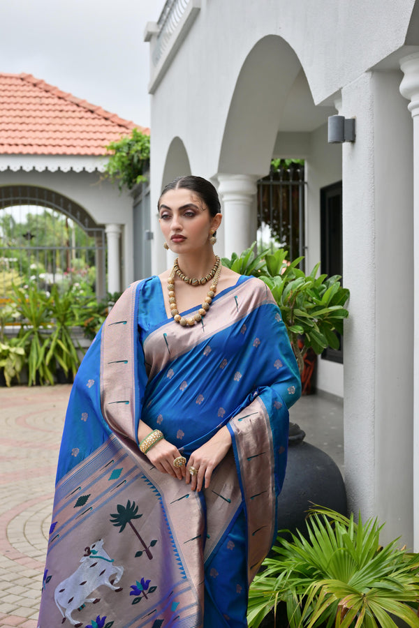 Premium Soft Muga Cotton Paithani Saree 106 - Navy Blue