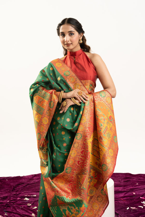 Soft Silk Saree With Darbar Theme - Parrot Green