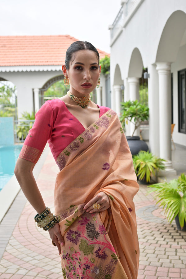 Premium Chanderi Cotton Saree - Peach