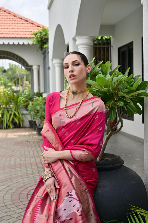 Premium Soft Muga Cotton Paithani Saree 106 - Pink