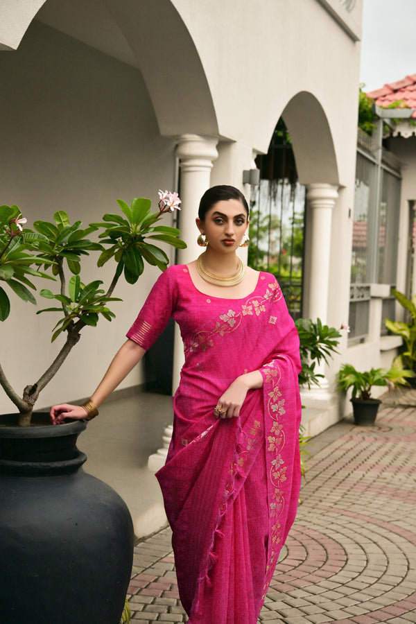 Premium Linen Silk Saree - Pink