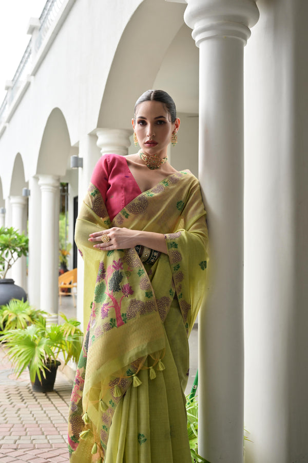 Premium Chanderi Cotton Saree - Pista