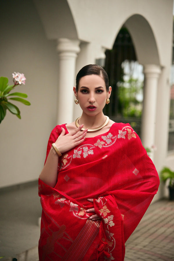 Premium Linen Silk Saree - Red