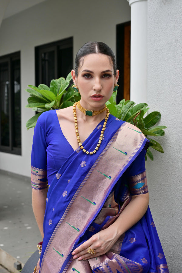 Premium Soft Muga Cotton Paithani Saree 106 - Royal Blue
