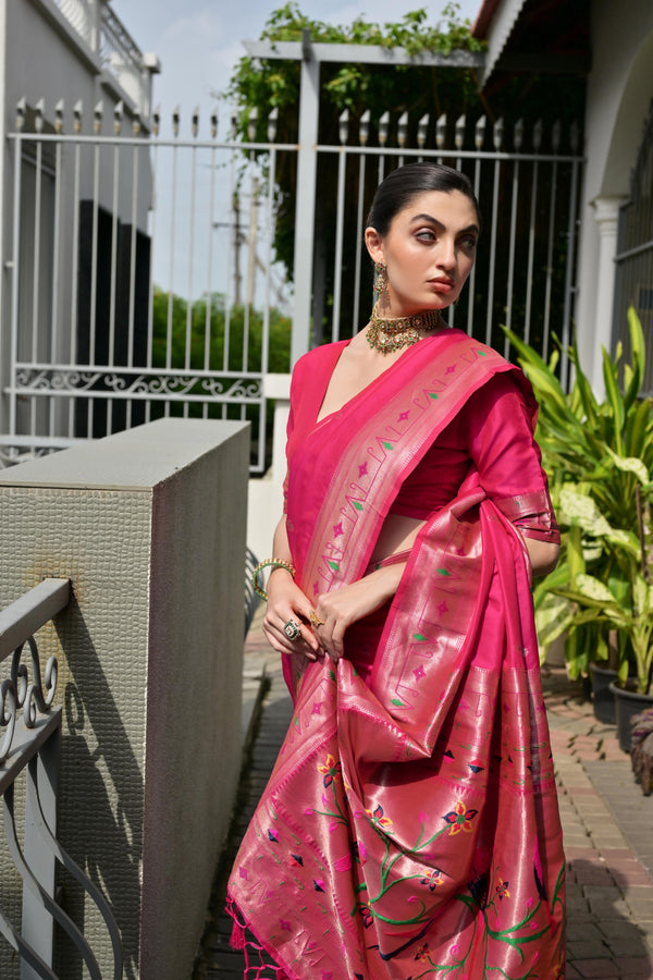 Premium Soft Muga Cotton Paithani Saree 107 - Pink