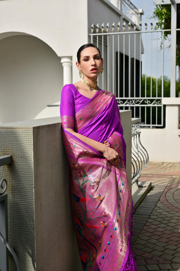 Premium Soft Muga Cotton Paithani Saree 107 - Purple
