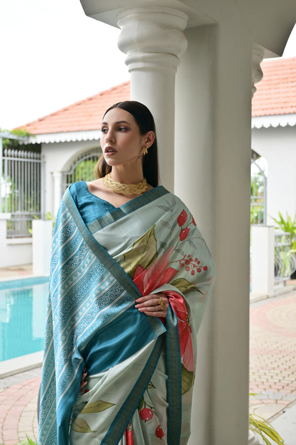 Premium Satin Silk Saree - Sky Blue
