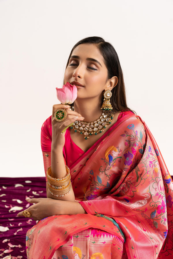 Premium Soft Muga Cotton Paithani Saree 103 - Pink