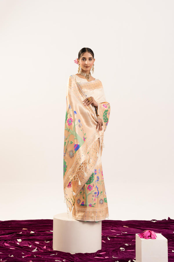 Premium Soft Muga Cotton Paithani Saree 102 - Regal White
