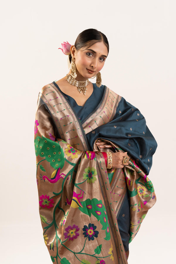 Premium Soft Muga Cotton Paithani Saree 102 - Navy Blue