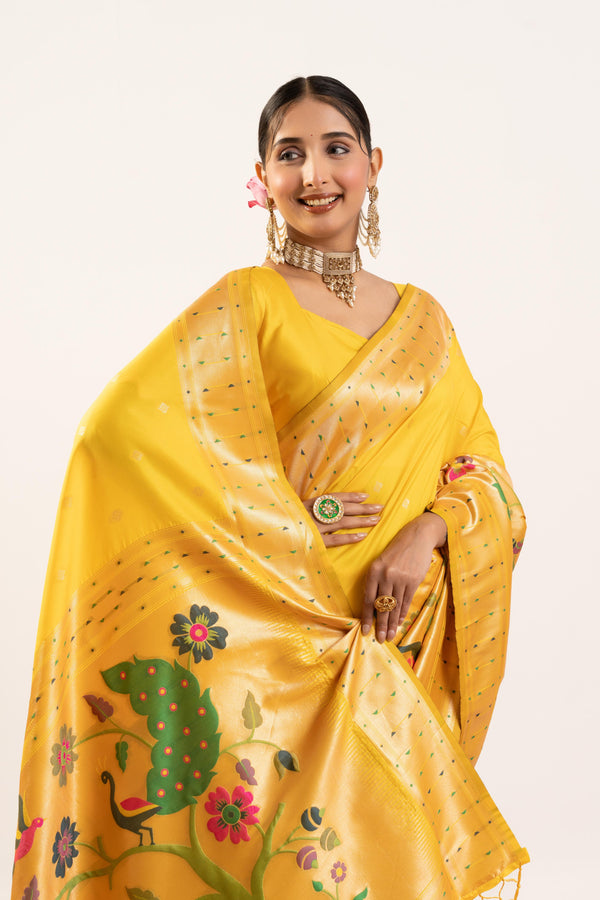 Premium Soft Muga Cotton Paithani Saree 102 - Yellow