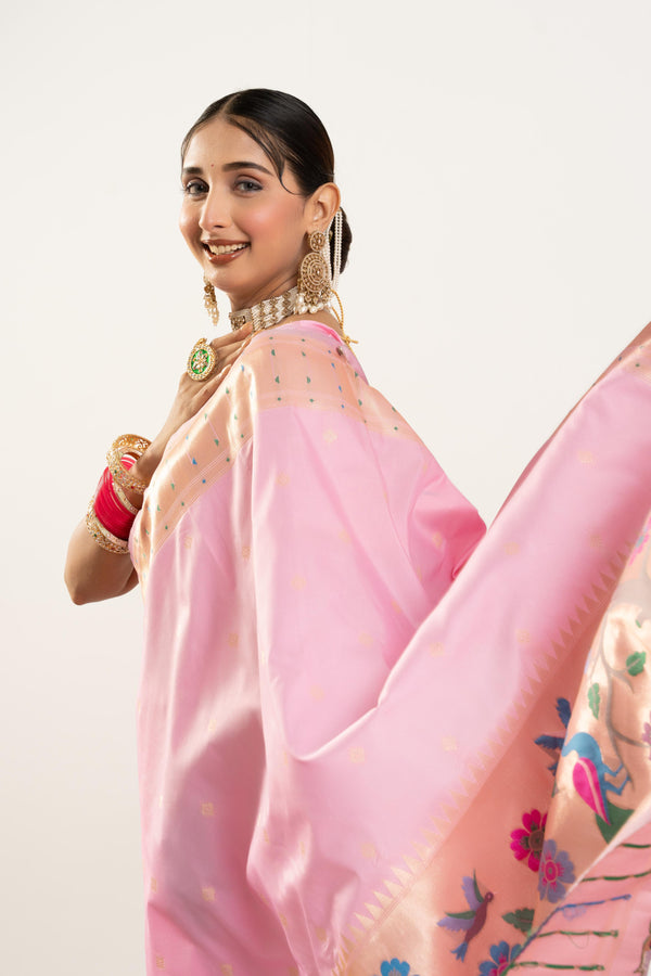 Premium Soft Muga Cotton Paithani Saree 102 - Baby Pink