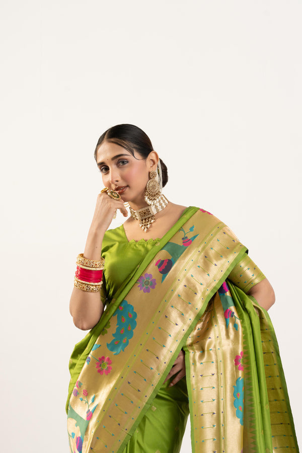 Premium Soft Muga Cotton Paithani Saree 102 - Mehndi