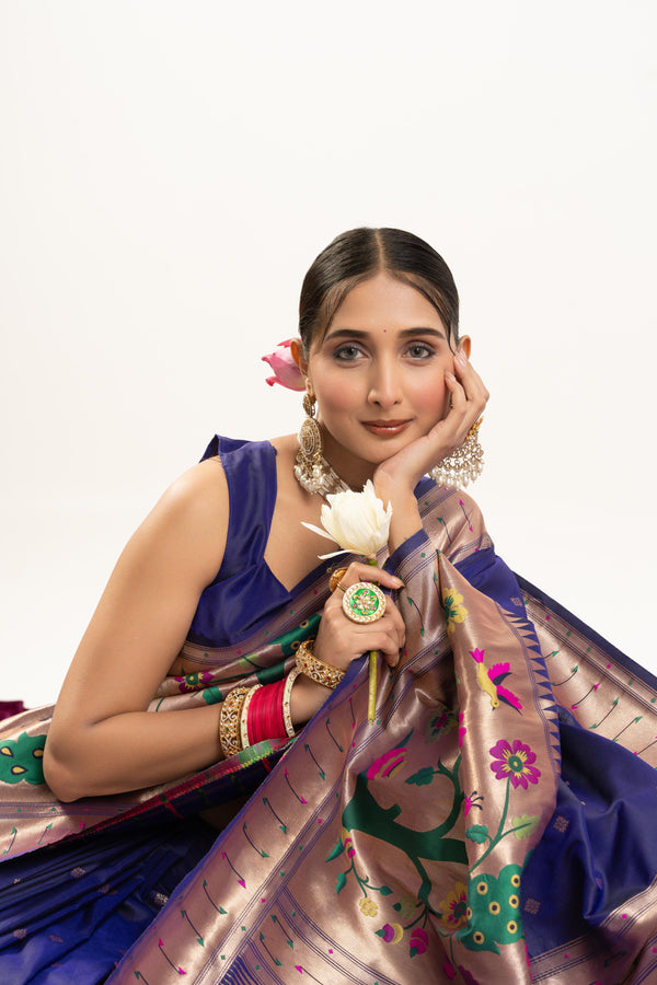 Premium Soft Muga Cotton Paithani Saree 102 - Royal Blue