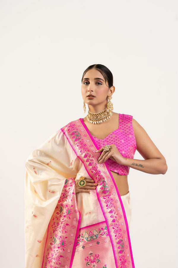 Premium Soft Muga Cotton Paithani Saree 101 - White