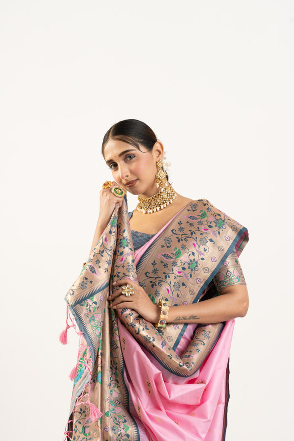 Premium Soft Muga Cotton Paithani Saree 101 - Baby Pink