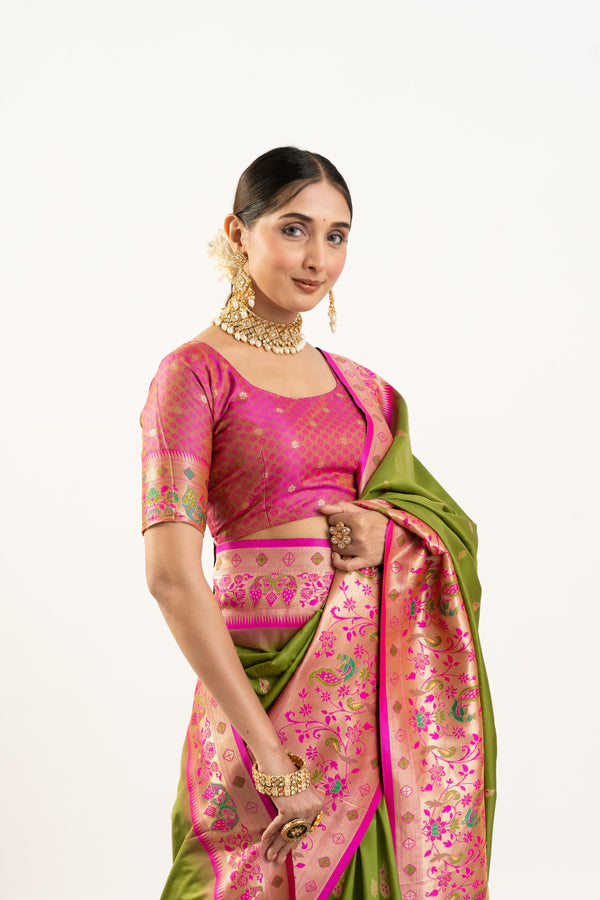 Premium Soft Muga Cotton Paithani Saree 101 - Mehndi