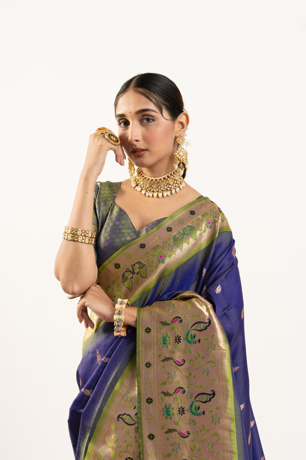 Premium Soft Muga Cotton Paithani Saree 101 - Blue