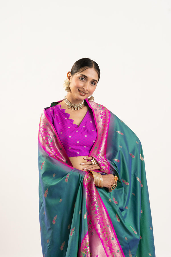 Premium Soft Muga Cotton Paithani Saree 101 - Firozi
