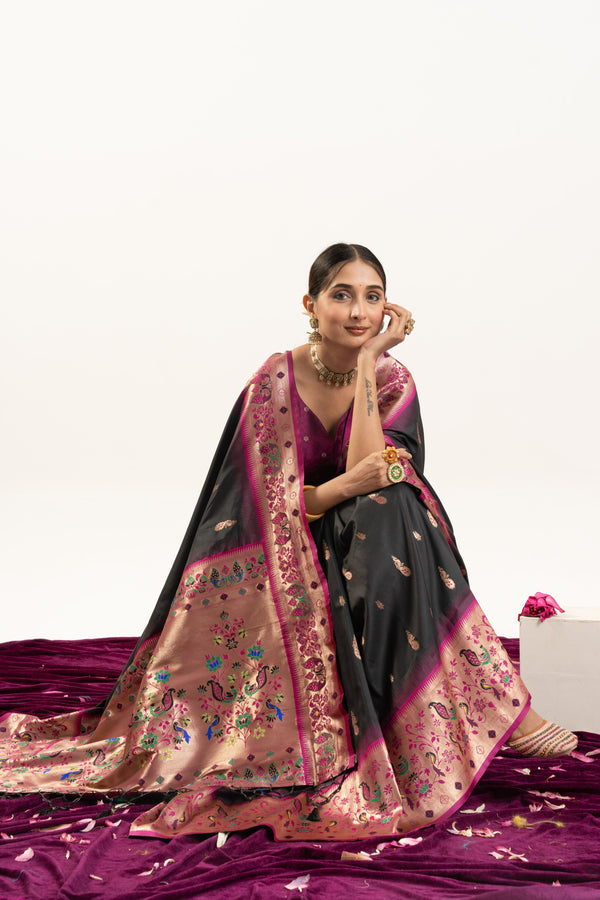 Premium Soft Muga Cotton Paithani Saree 101 - Black
