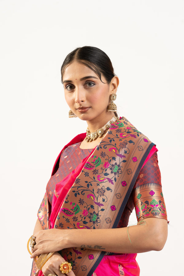 Premium Soft Muga Cotton Paithani Saree 101 - Pink