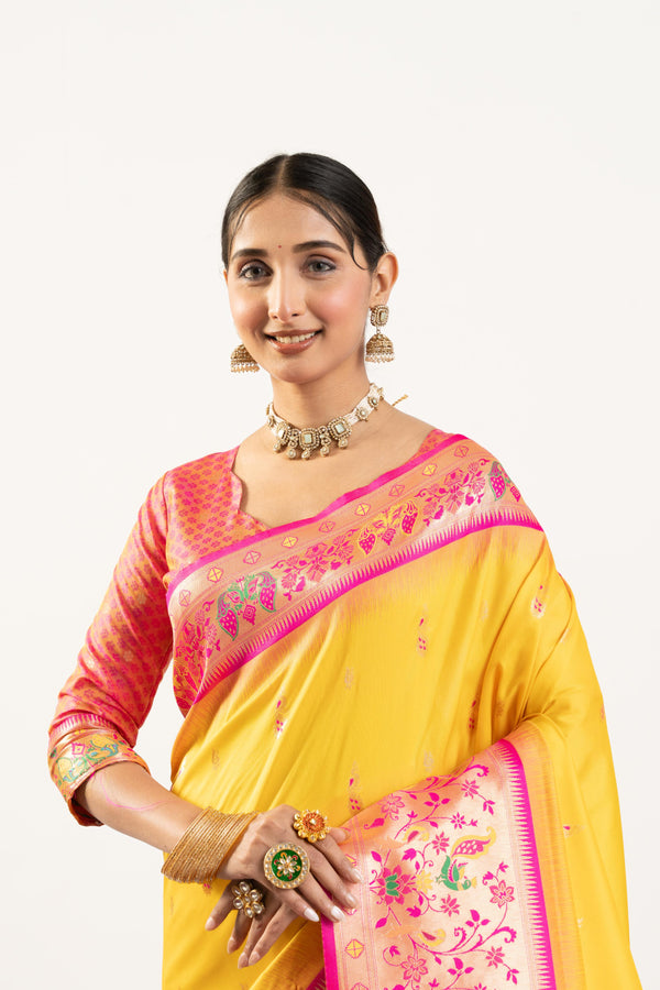 Premium Soft Muga Cotton Paithani Saree 101 - Yellow
