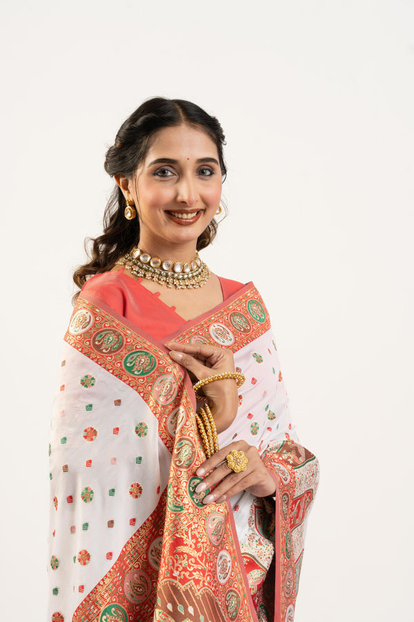 Soft Silk Saree With Darbar Theme - White