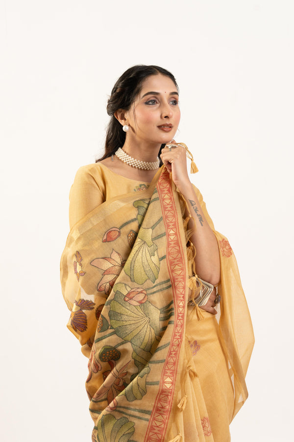 Muga Cotton Saree With Flower weving - Yellow