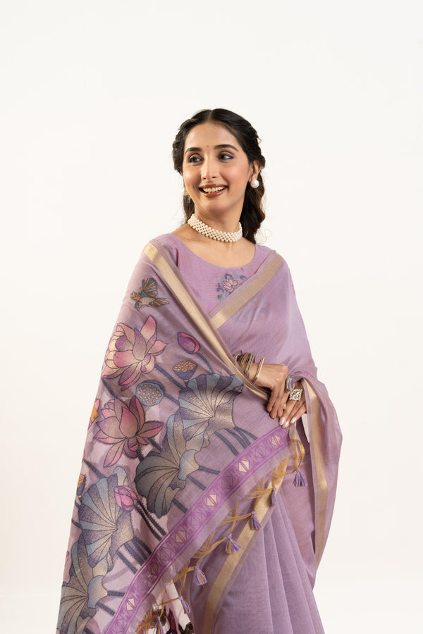 Muga Cotton Saree With Flower weving - Lavender