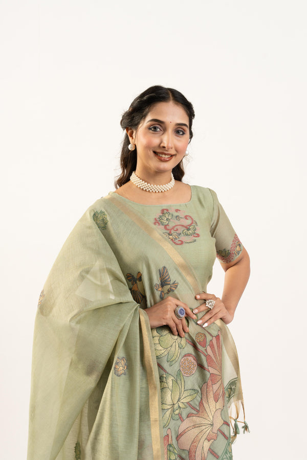 Muga Cotton Saree With Flower weving - Pista
