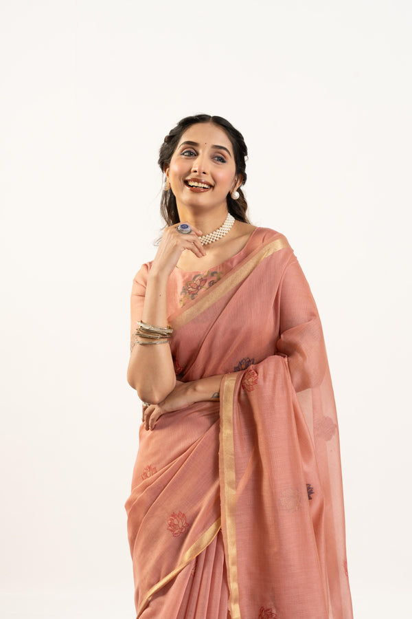 Muga Cotton Saree With Flower weving - Peach