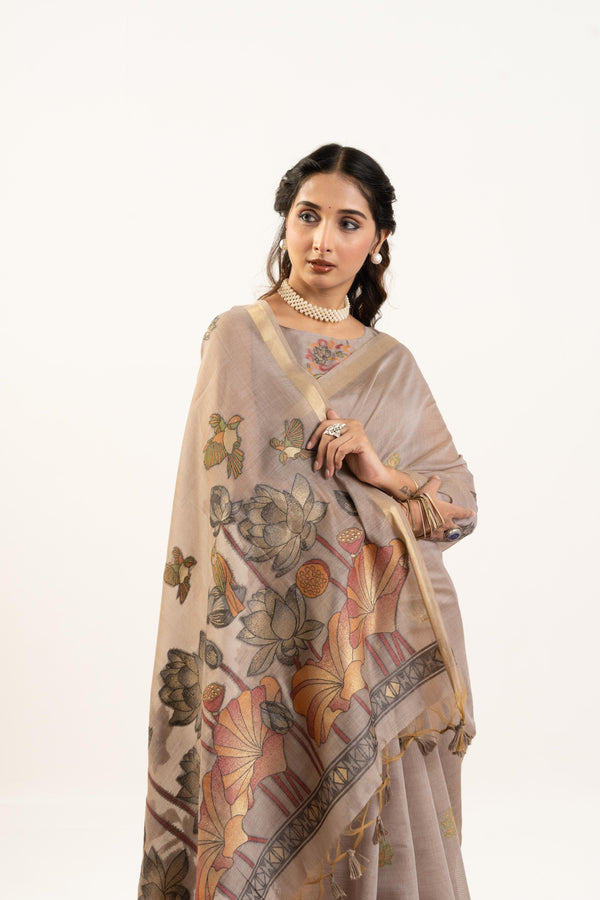 Muga Cotton Saree With Flower weving - Chiku