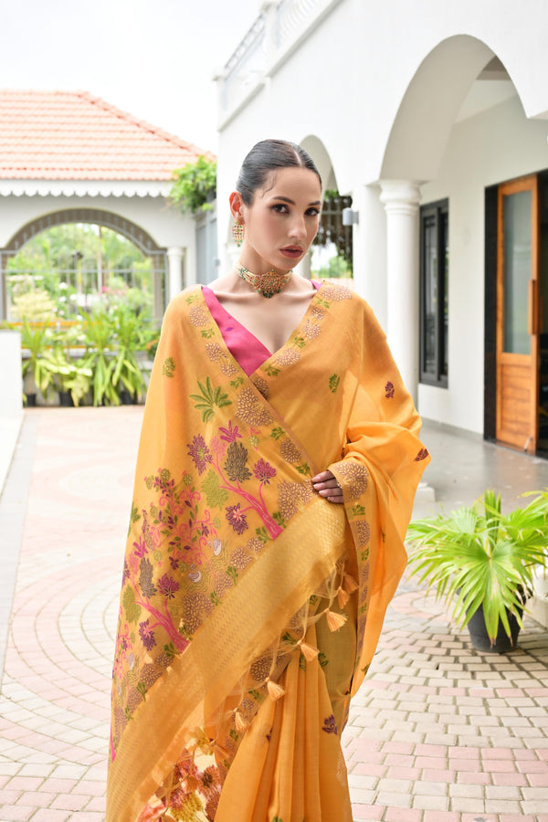 Premium Chanderi Cotton Saree - Yellow
