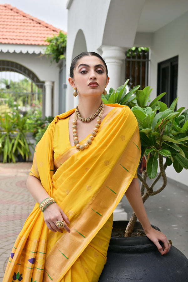 Premium Soft Muga Cotton Paithani Saree 106 - Yellow