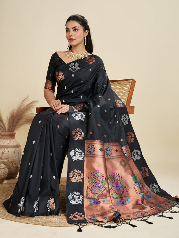 Premium Soft Muga Cotton Paithani Saree 105 - Black