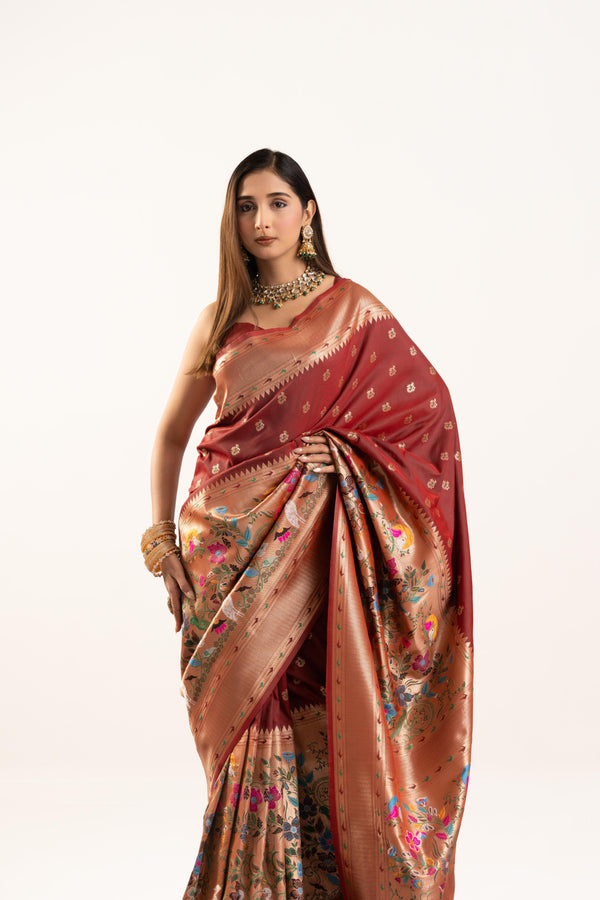 Premium Soft Muga Cotton Paithani Saree 103 - Coffee