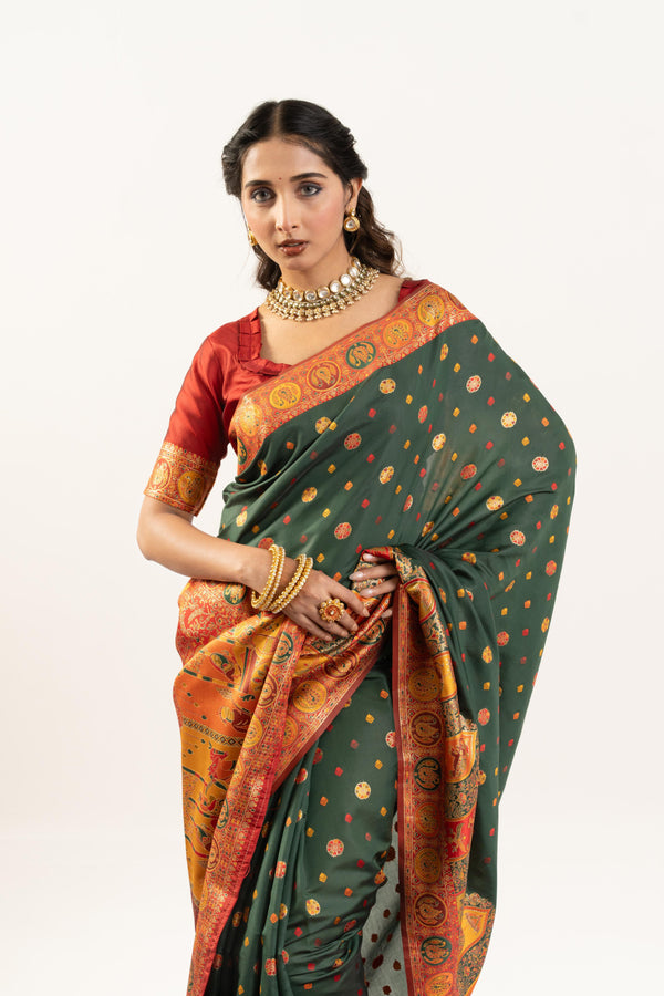 Soft Silk Saree With Darbar Theme - Dark Green