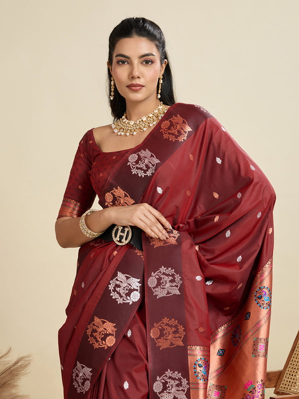 Premium Soft Muga Cotton Paithani Saree 105 - Maroon