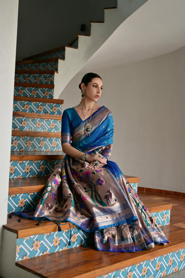 Premium Soft Muga Cotton Paithani Saree 104 - Navy Blue