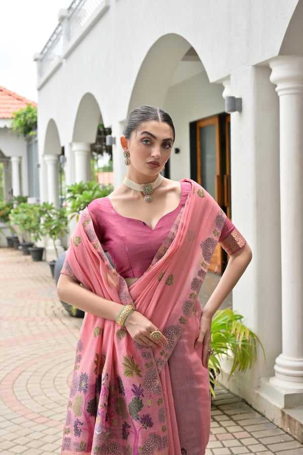 Premium Chanderi Cotton Saree - Pink