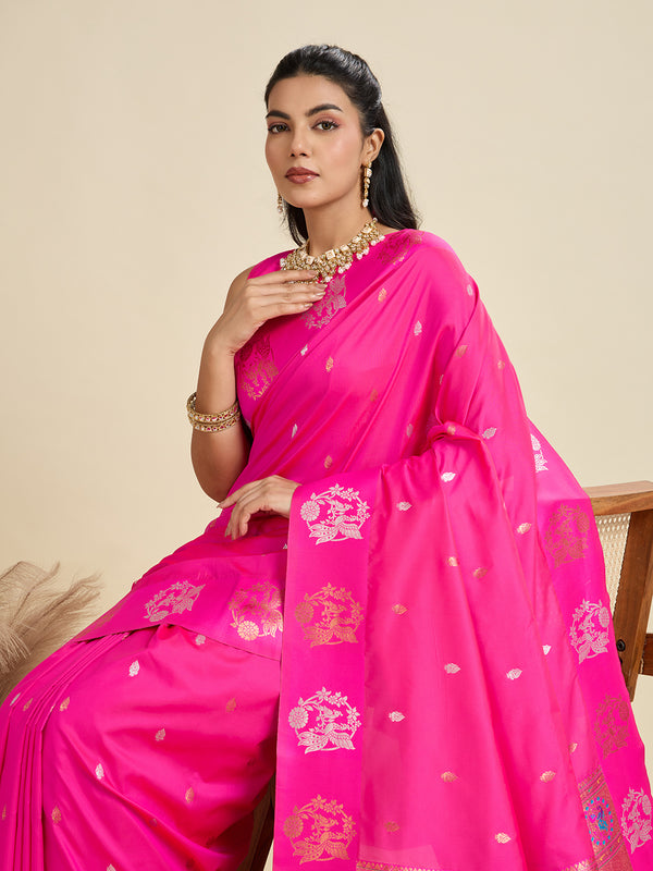 Premium Soft Muga Cotton Paithani Saree 105 - Pink