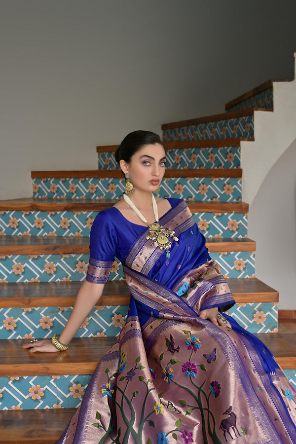 Premium Soft Muga Cotton Paithani Saree 104 - Royal Blue